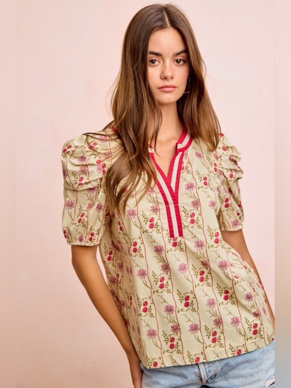 BiBi Floral Gather Sleeves Contrast Neckband Blouse Top- Cream And Pink - Picture 4 of 9